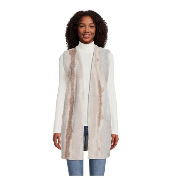 Long Sherpa Faux Fur Lined Open Vest Cardigan Pockets World Market Blue Cream - Picture 1 of 13